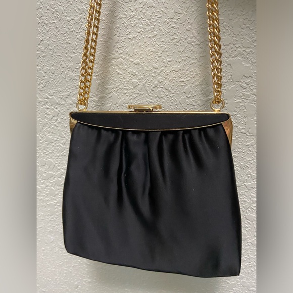 Vintage Mardane 50’s Black Silk Clutch Top Handle Gold Chain Handbag Purse - Picture 11 of 12